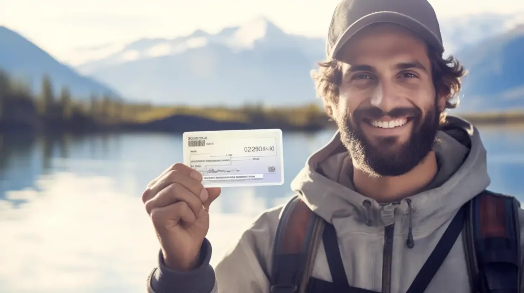 Happy angler showing USA fishing license