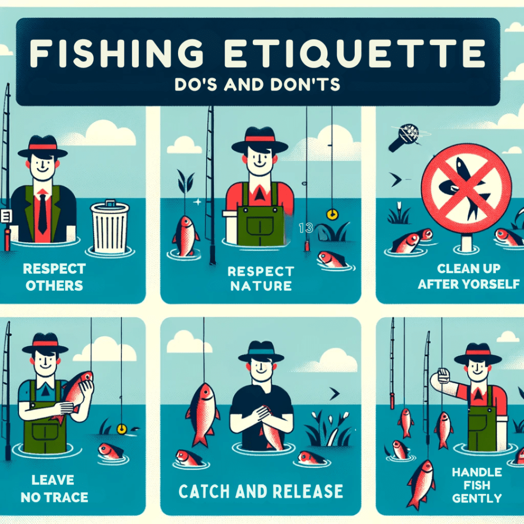Fishing Etiquette infographic - Essential points -  respecting others, cleaning up after yourself, and the importance of catch and release