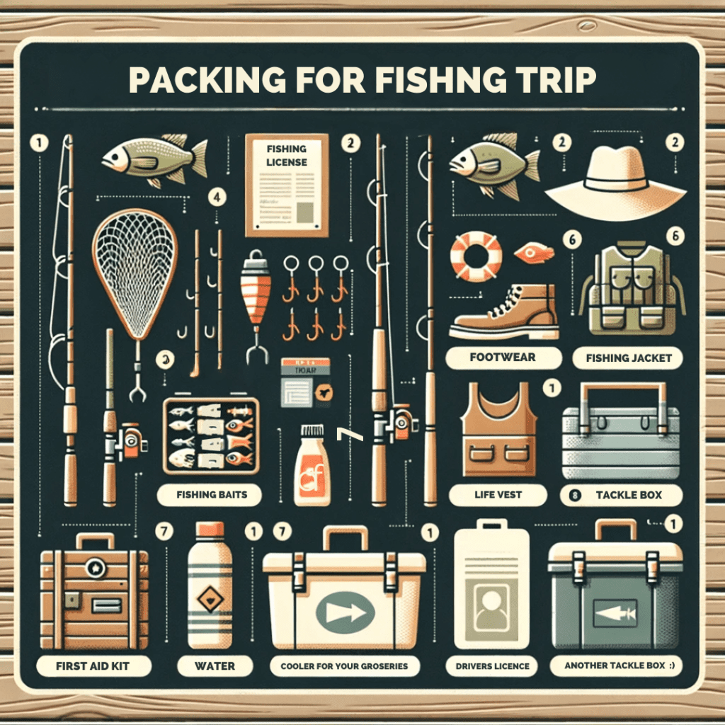 Infographic that lists the essential items to pack for a fishing trip
